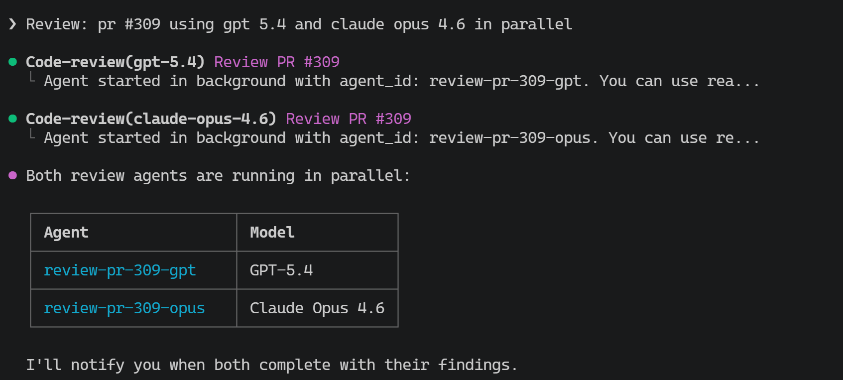 Copilot CLI spawning GPT-5.4 and Claude Opus 4.6 review agents in parallel