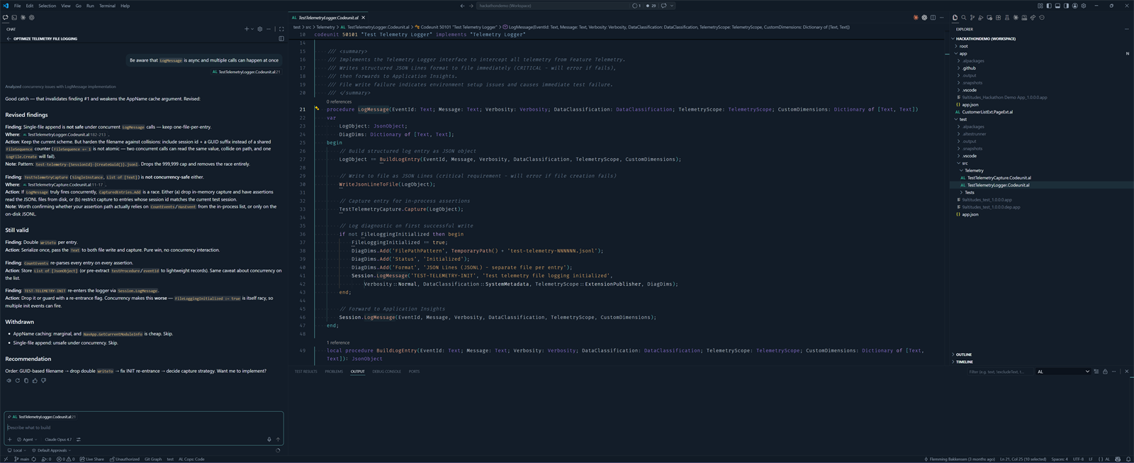 The shipped OperatorDark theme during extended editing: Claude Code chat panel on the left, markdown content in the editor, file tree on the right.