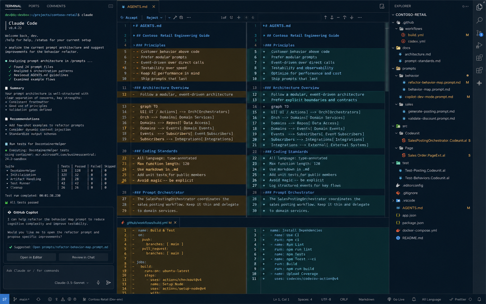 A GPT Image 2 mockup imagining OperatorDark: Claude Code panel on the left, an AGENTS.md file in the center, file tree on the right.