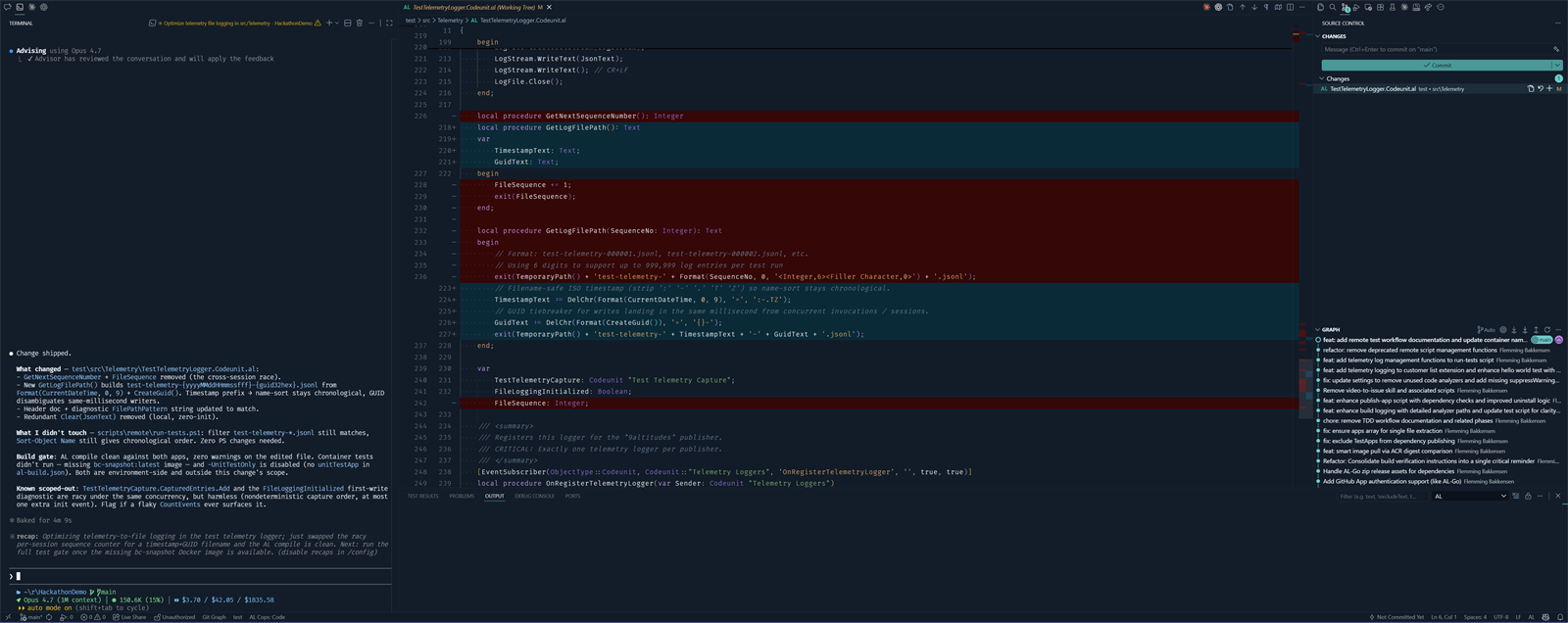 The shipped OperatorDark theme in VS Code during a real diff review: Claude Code chat panel on the left, the diff in the center with added and removed lines distinct from each other, file explorer on the right.