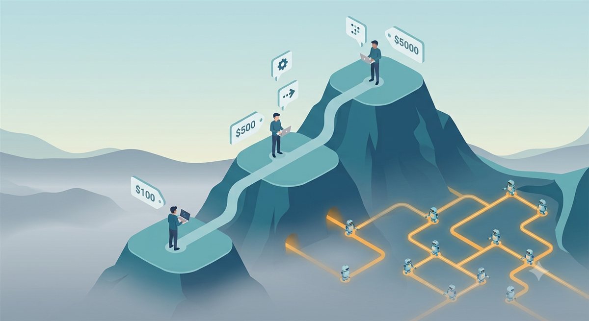 Three developers on rising plateaus of one mountain, price tags growing with height and an agent network visible only from the top