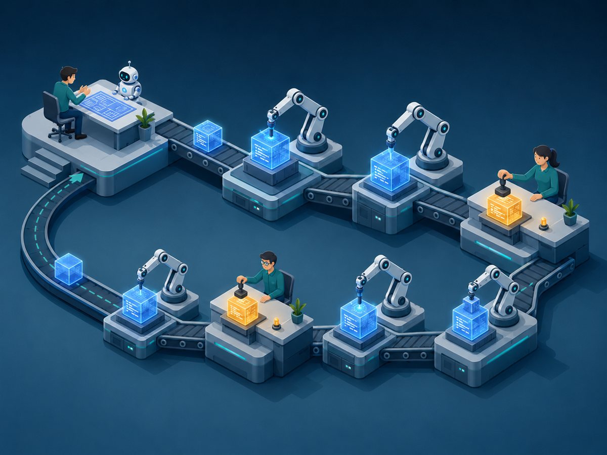 Isometric software factory with robot-run stations, human decision desks at the gates, and one module routed back for replanning